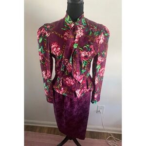 Vintage Silk Floral Chain Print Skirt Suit Size 6 Colorful Maximalist